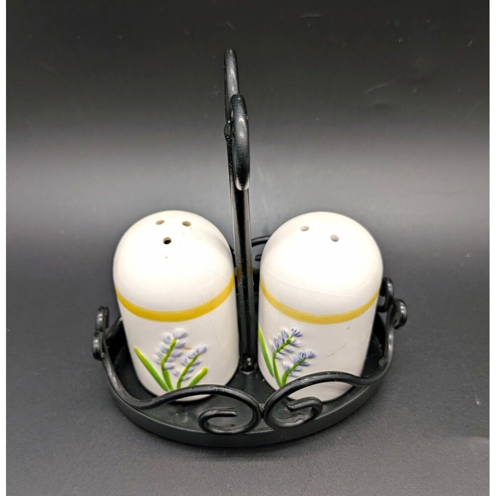 Vtg Lavender Ceramic Salt Pepper Shakers Set Black Metal Caddy Rack Floral MCM